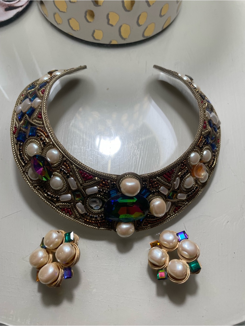 Vintage-Inspired Pearl & Multicolor Crystal Collar Necklace Set
